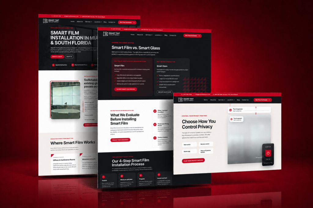 Smart Tint Solutions landing page panels and responsive website experience