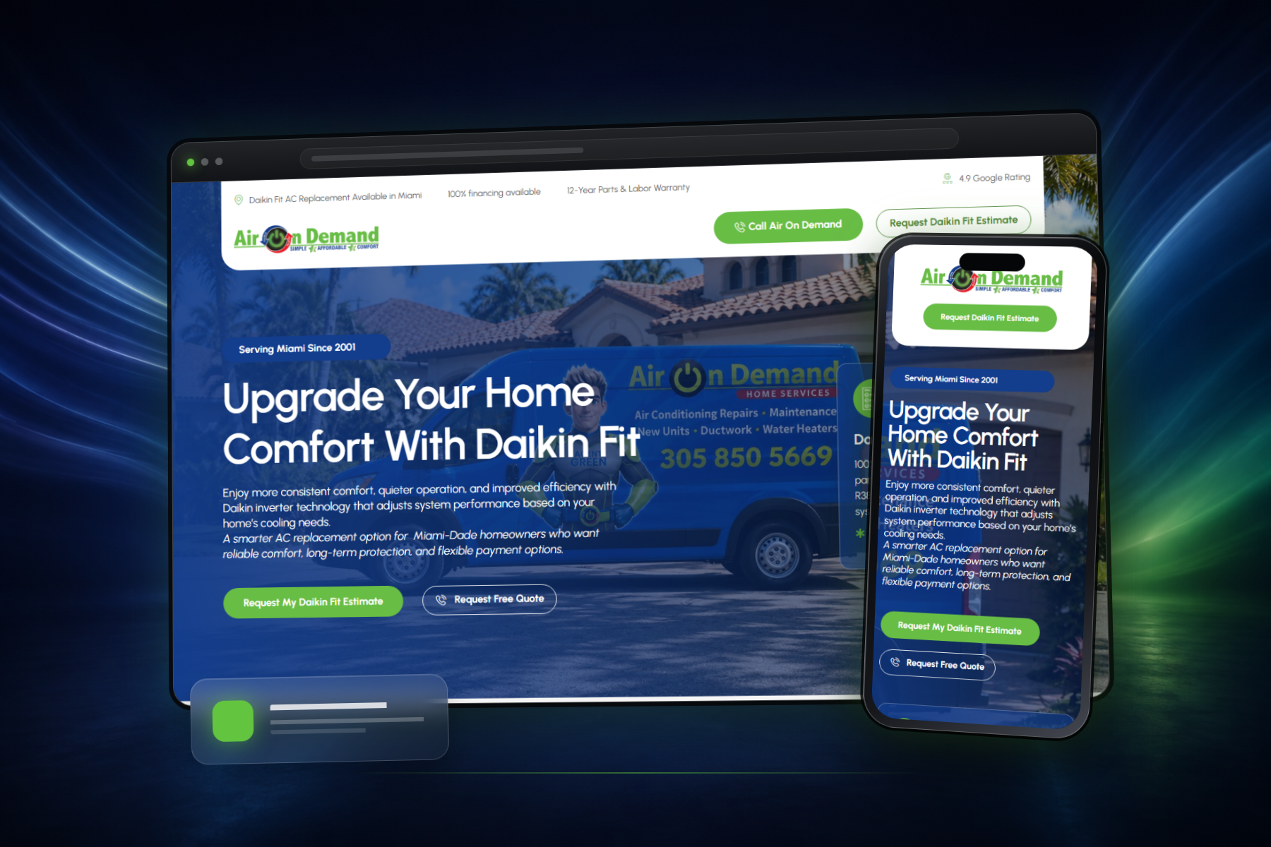 Air On Demand Daikin Fit landing page shown in desktop and mobile mockups
