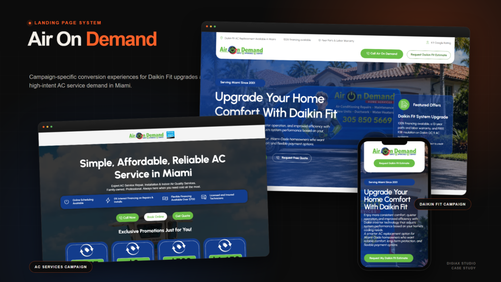 Air On Demand campaign landing pages for Daikin Fit and Miami AC services shown across desktop and mobile devices