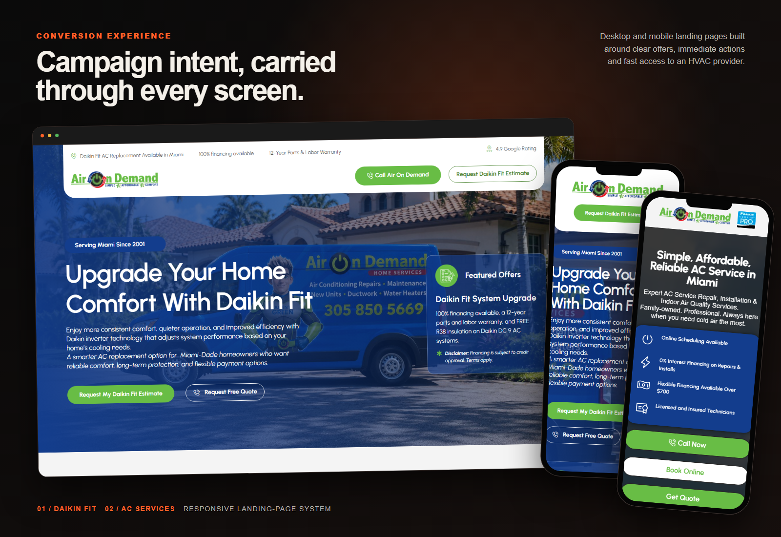 Responsive Air On Demand Daikin Fit and AC services landing pages across desktop and mobile layouts