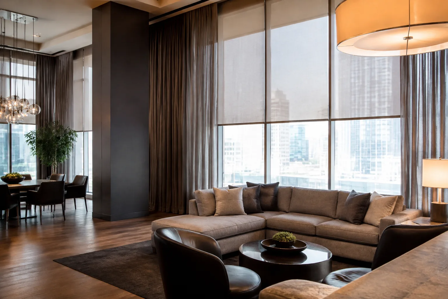 Representative solar shades and drapery in a commercial lounge
