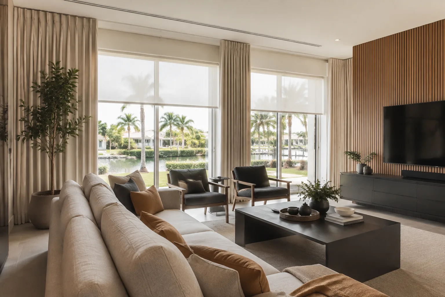 Representative South Florida living room with motorized shades and drapery