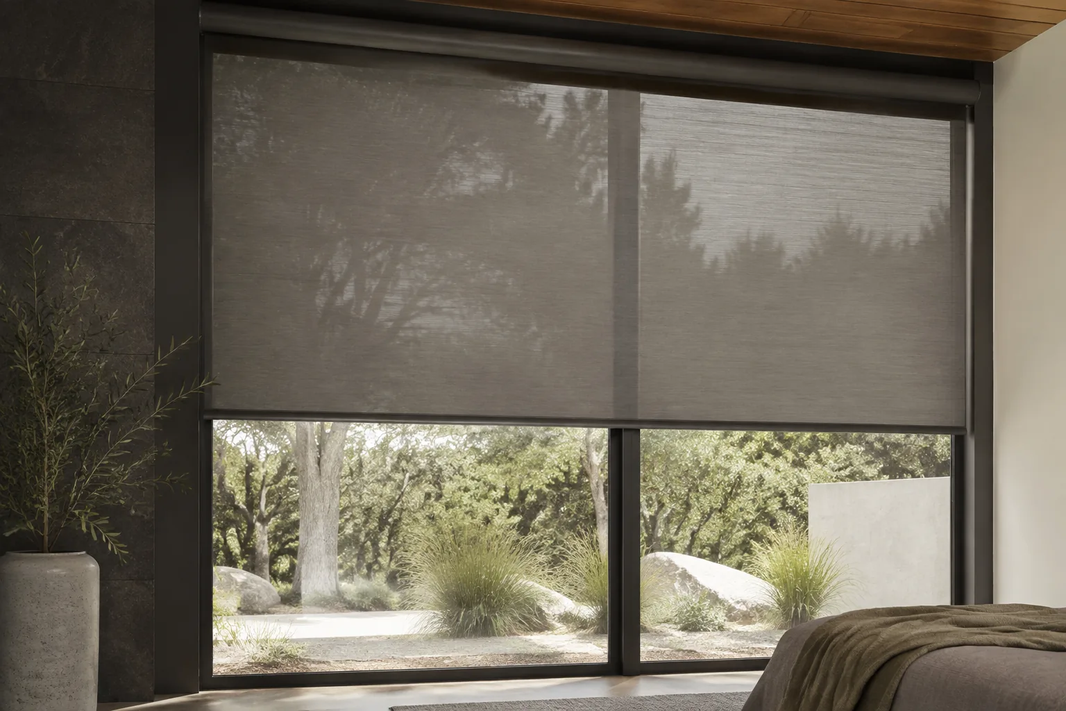 Representative motorized roller shade in a modern residential interior