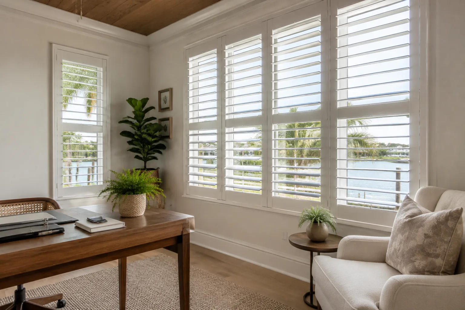 Representative plantation shutters in a coastal home office