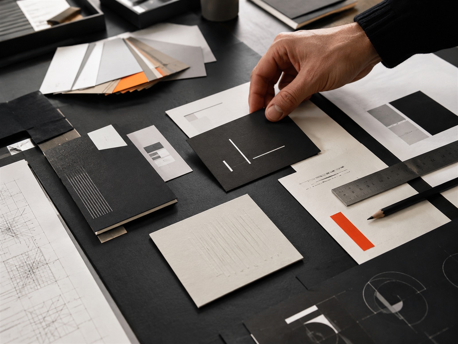 Brand designer arranging typography, grids and premium printed materials
