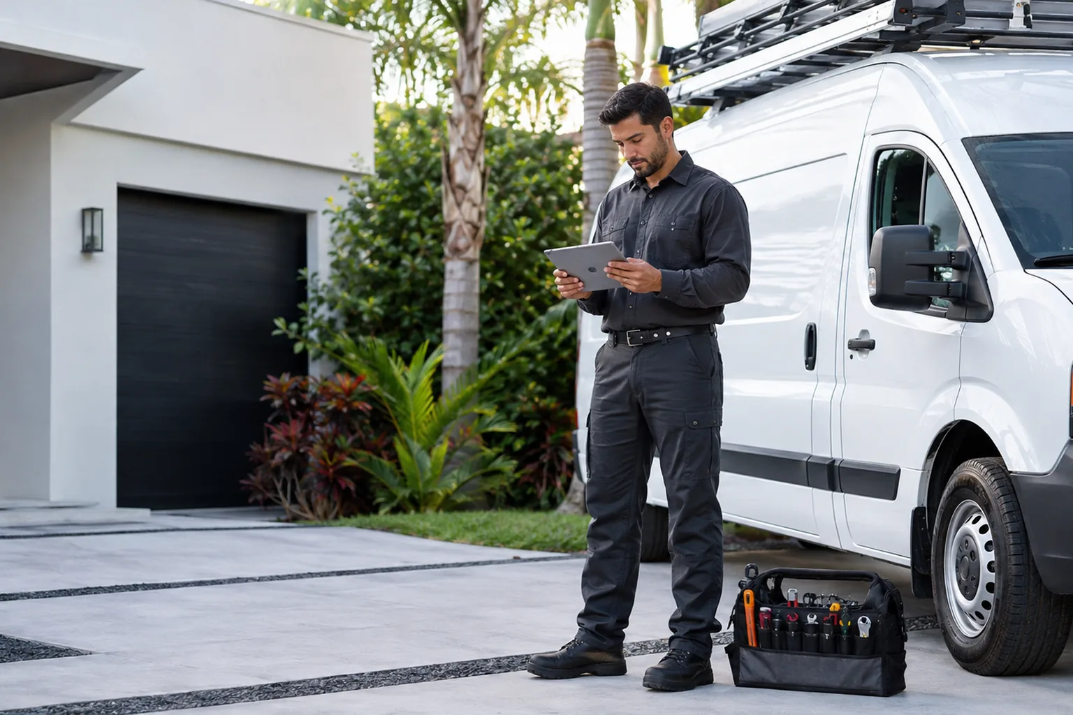 Representative home-service technician reviewing a work order outside a South Florida home