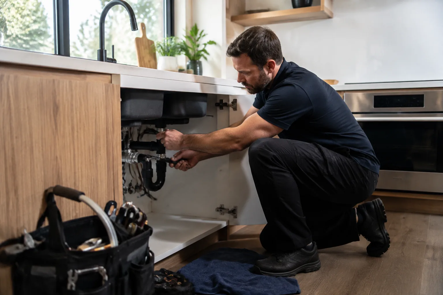 Representative home-service plumber completing a residential repair