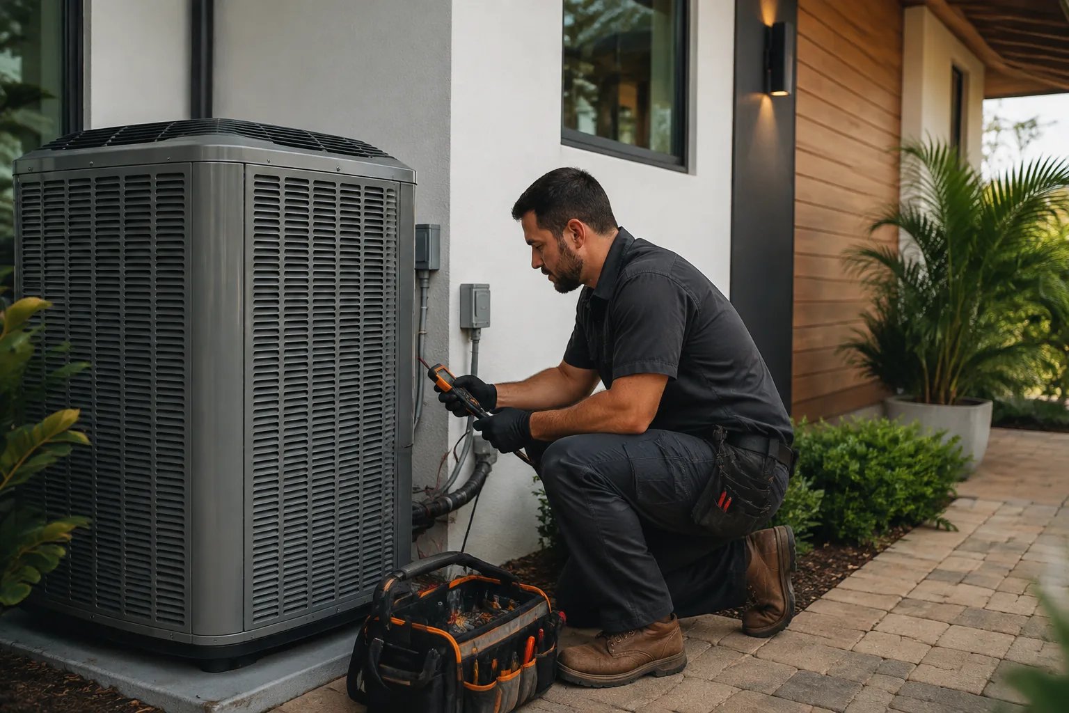 Representative HVAC technician inspecting a residential air-conditioning system