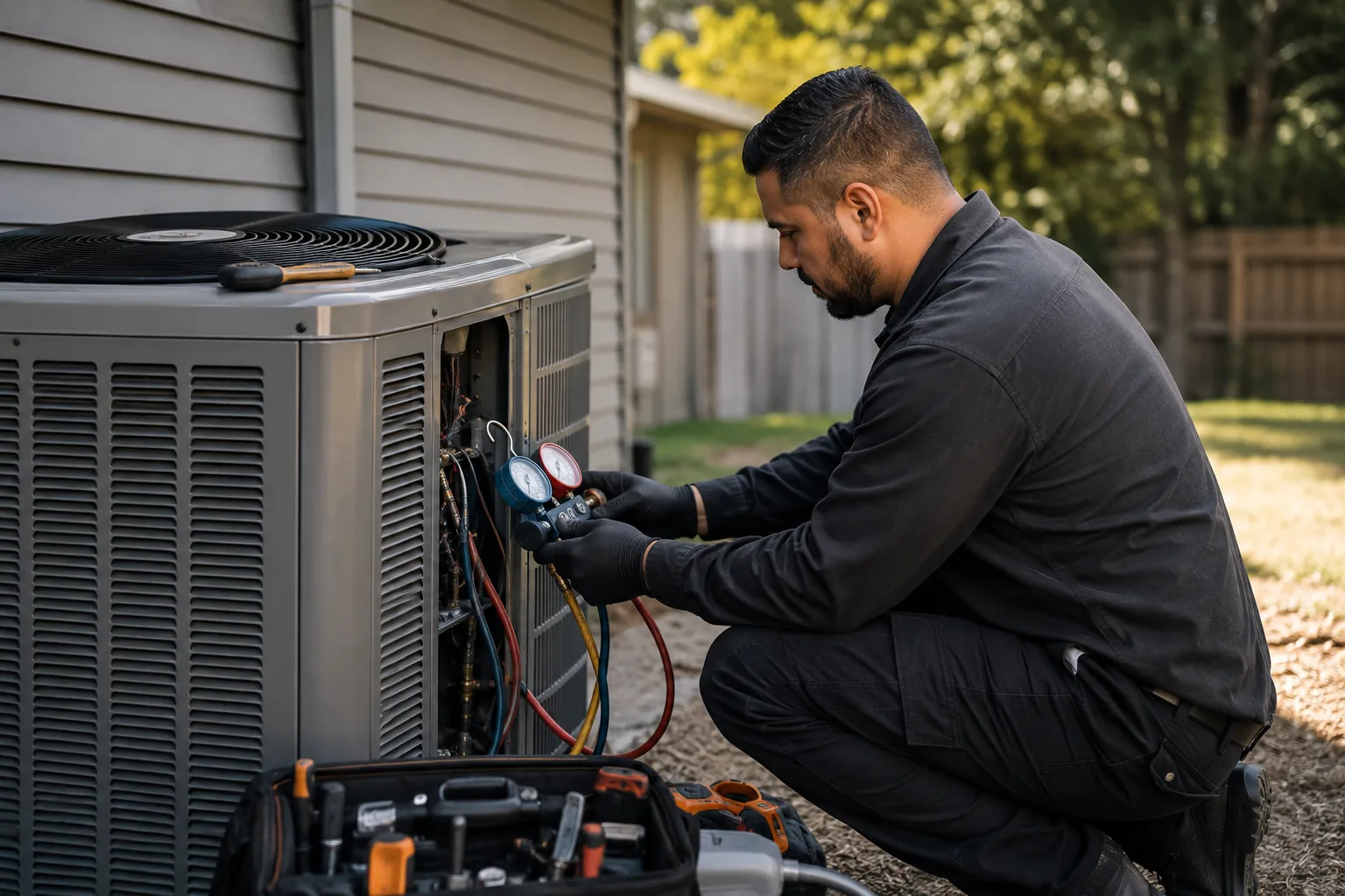 Representative HVAC technician diagnosing a residential condenser