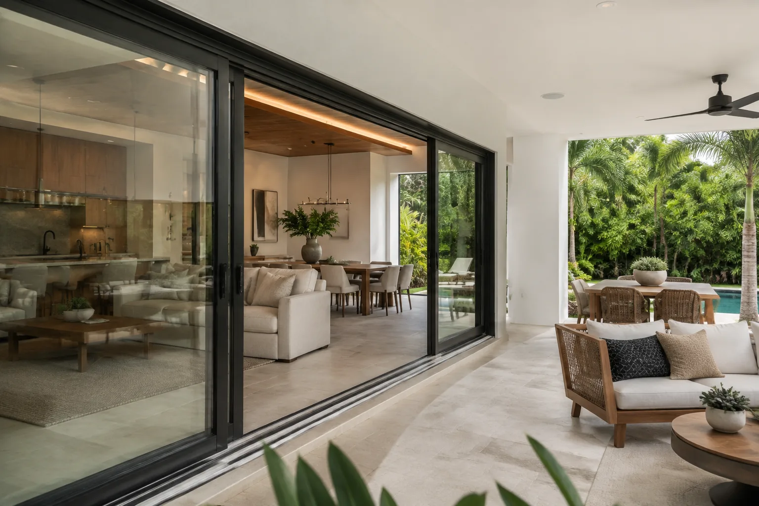 Representative impact sliding doors opening to a covered patio