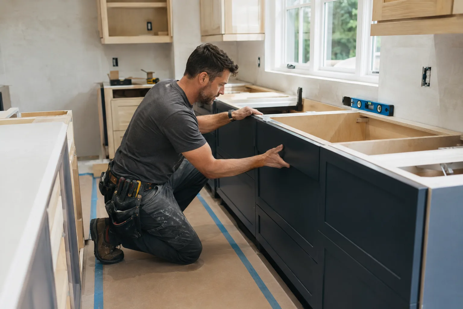 Representative remodeler aligning custom kitchen cabinetry