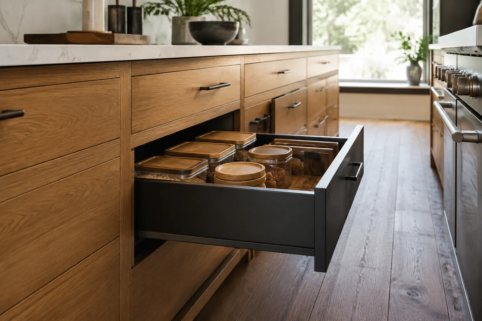 Representative custom kitchen storage and cabinetry detail