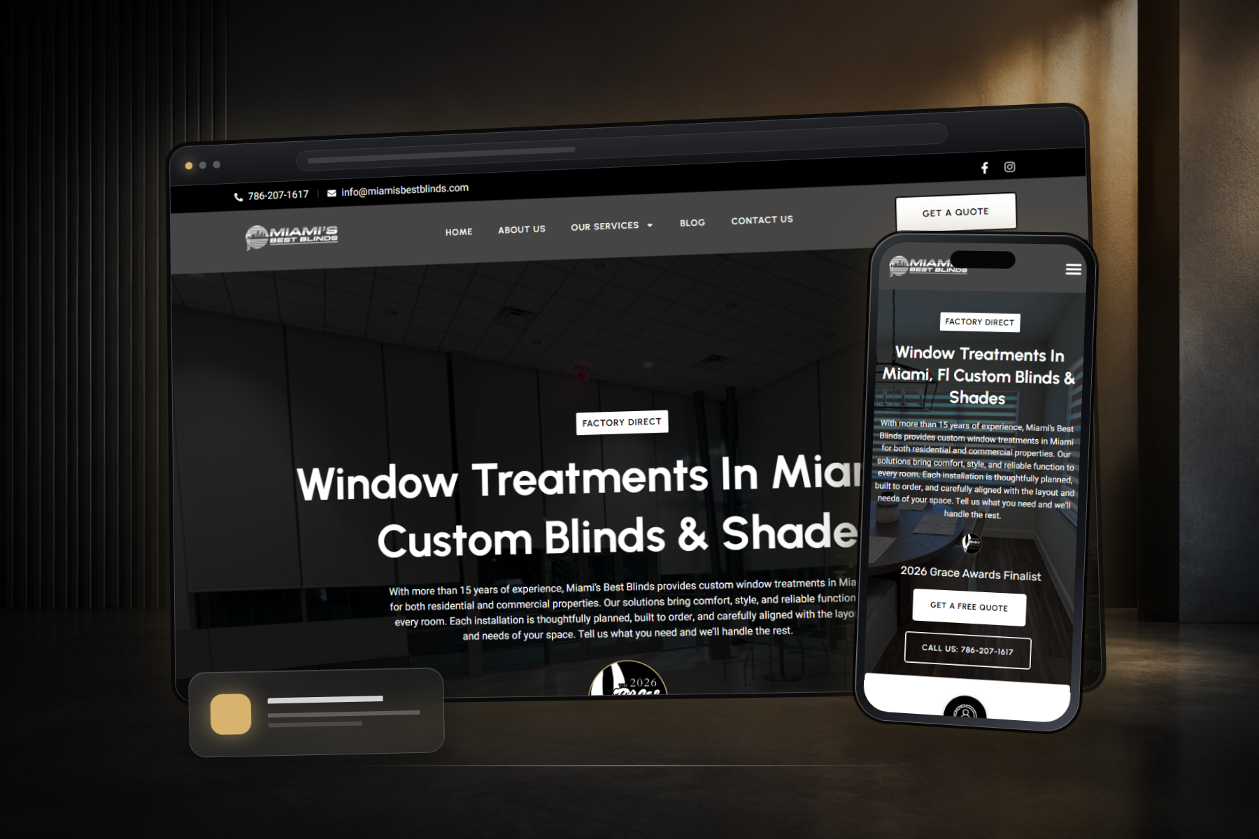 Miami's Best Blinds responsive website shown in desktop and mobile mockups