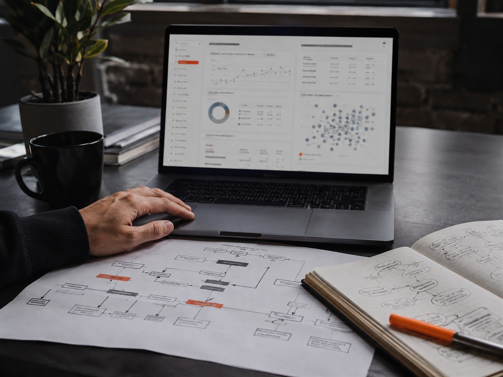 SEO strategy workspace with analytics, site architecture and keyword research