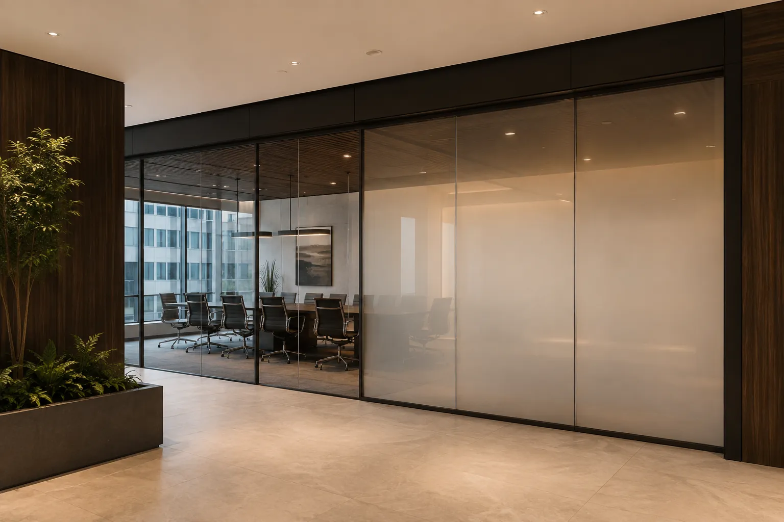 Representative smart glass office application with clear and private glass states
