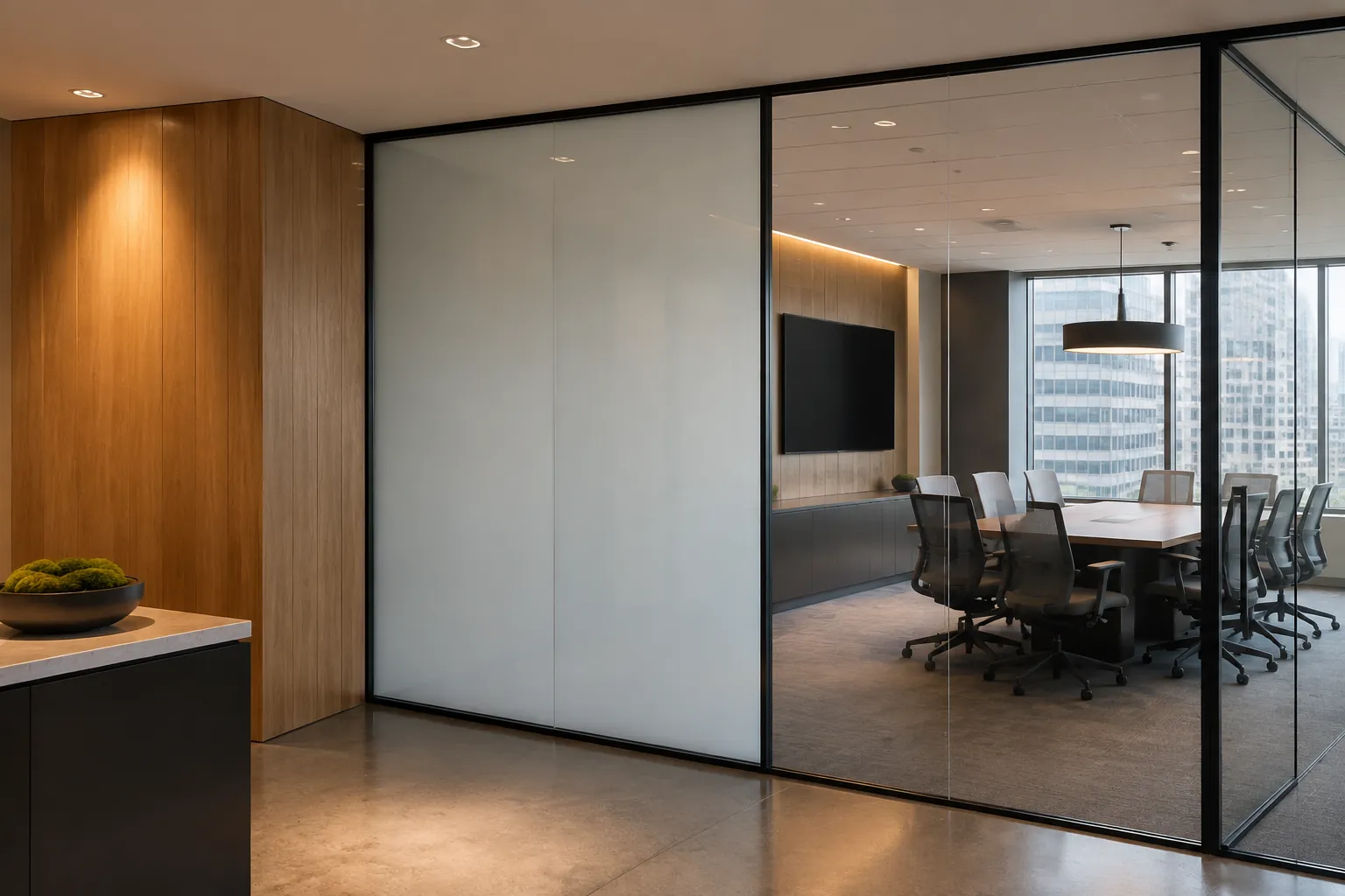Representative smart glass application in a modern commercial office