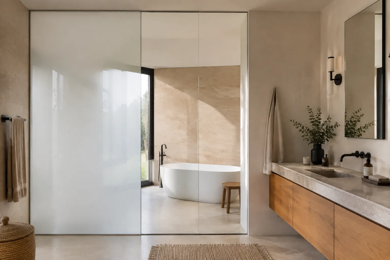 Representative smart privacy glass application in a residential bathroom