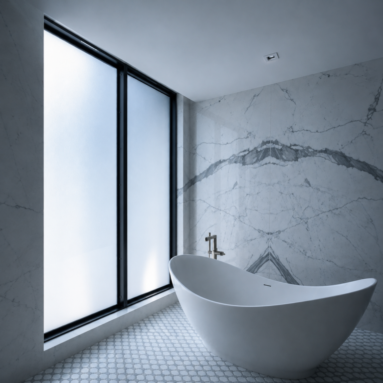 Modern bathroom with switchable Smart Glass privacy beside a freestanding tub