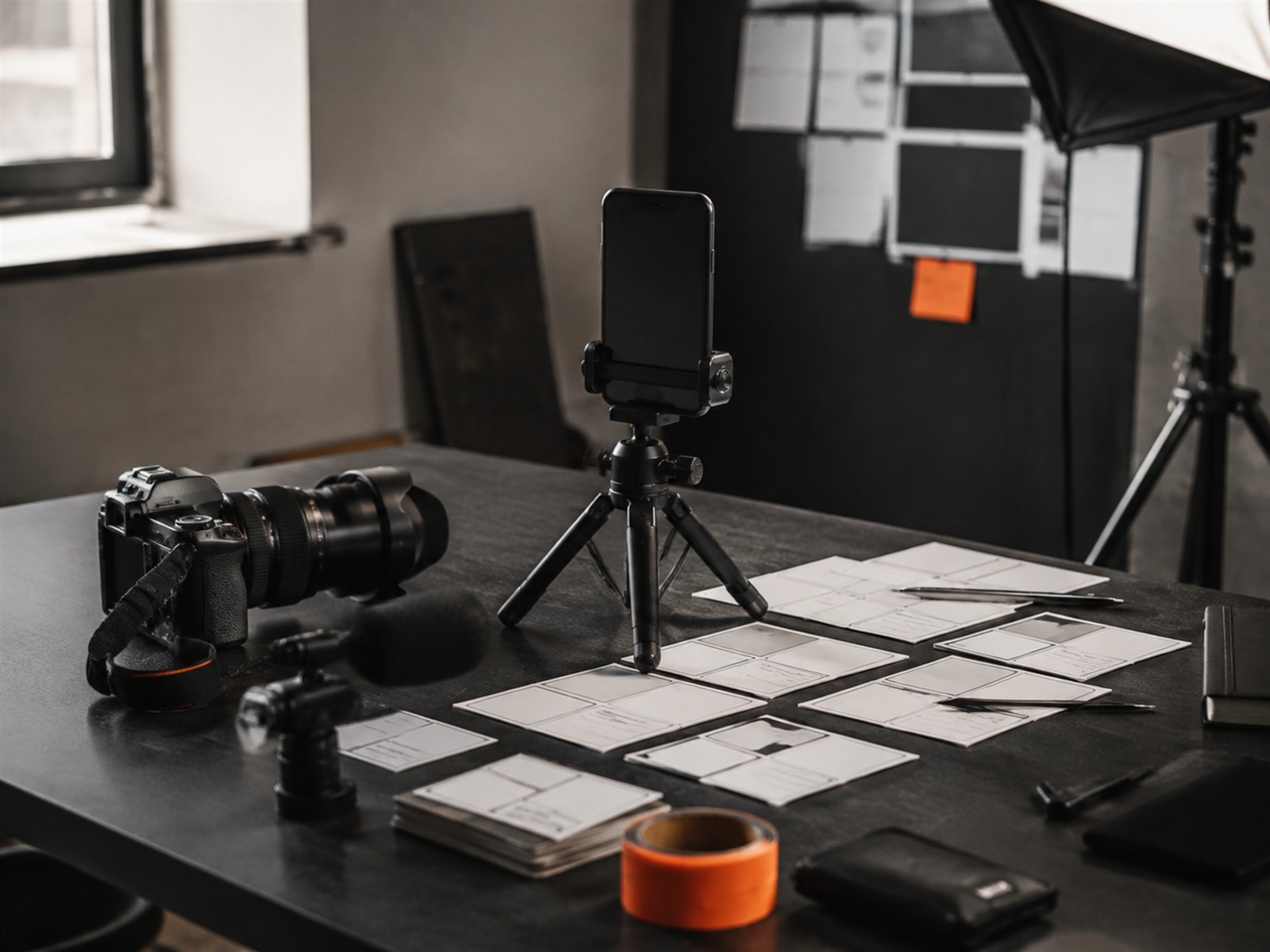 Social media content production setup with camera, phone and storyboards
