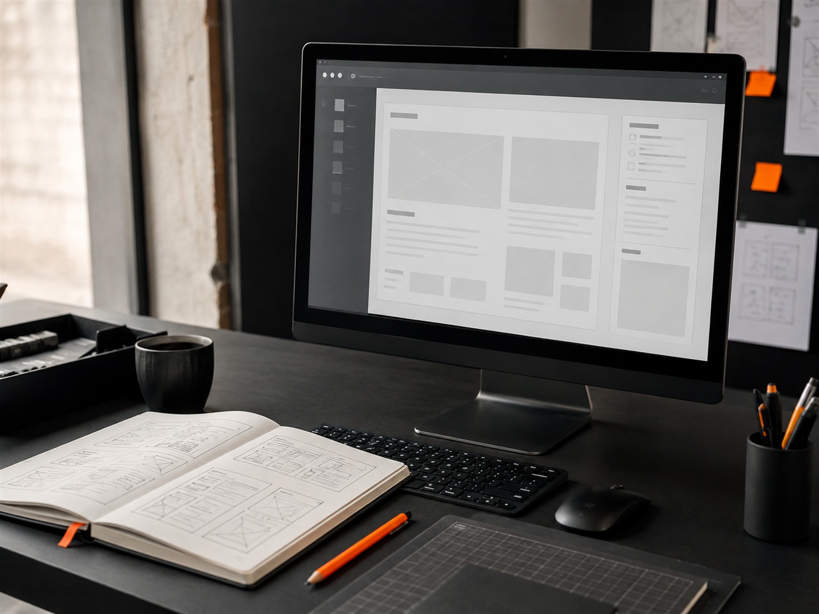 UX designer workspace with website wireframes and interface planning sketches